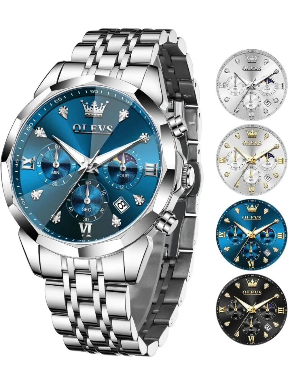 Luxury Stainless Steel Men's Watch - Diamond Chronograph, Multifunction, Date